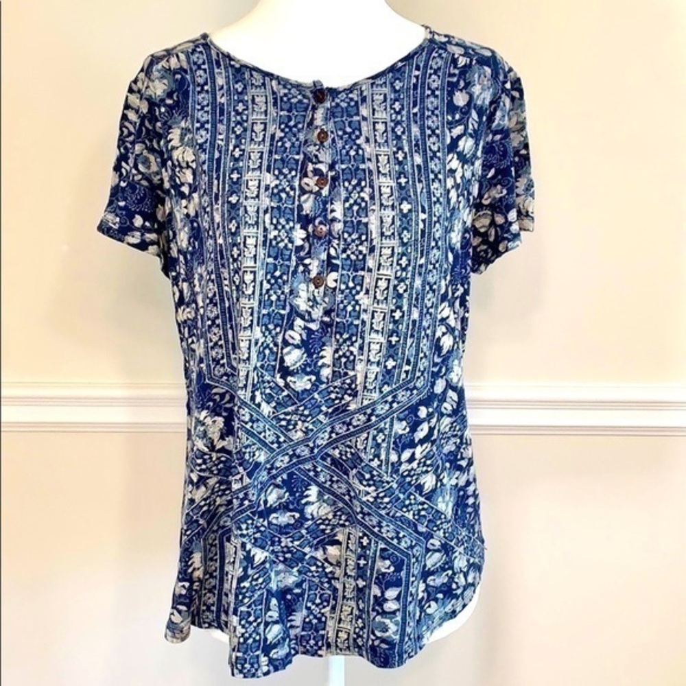 LUCKY BRAND Floral Blue Short Sleeve Top L